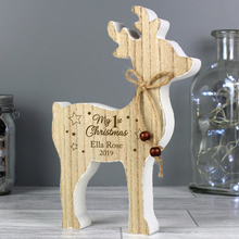 Load image into Gallery viewer, Personalised &#39;1st Christmas&#39; Rustic Wooden Reindeer Decoration
