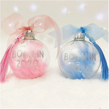Load image into Gallery viewer, Personalised &#39;Born in&#39; Pink Blue or White Feather Filled Glass Bauble
