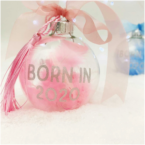 Personalised 'Born in' Pink Blue or White Feather Filled Glass Bauble