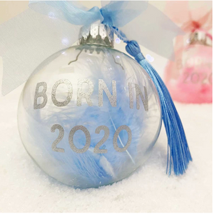 Personalised 'Born in' Pink Blue or White Feather Filled Glass Bauble