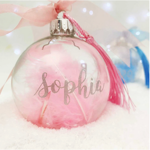 Personalised 'Born in' Pink Blue or White Feather Filled Glass Bauble