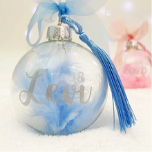 Load image into Gallery viewer, Personalised &#39;Born in&#39; Pink Blue or White Feather Filled Glass Bauble
