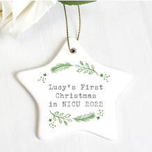 Load image into Gallery viewer, Personalised First Christmas in NICU Holly Design Star Christmas Decoration
