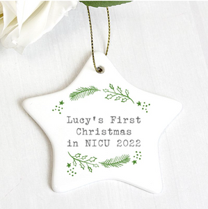 Personalised First Christmas in NICU Holly Design Star Christmas Decoration