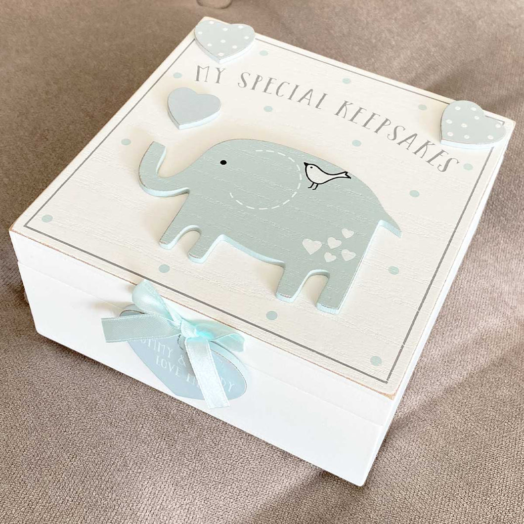 Rustic Elephant Baby Keepsake Memory Box - Blue