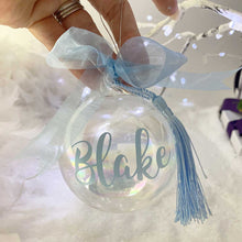Load image into Gallery viewer, Personalised &#39;Any Name&#39; Blue or Pink Iridescent Glass Bauble
