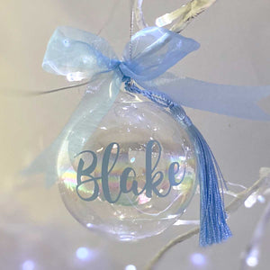 Personalised 'Any Name' Blue or Pink Iridescent Glass Bauble