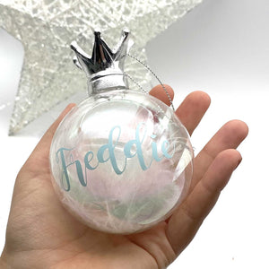 NICU Prince/Princess Iridescent Glass Crown Feather Filled Bauble