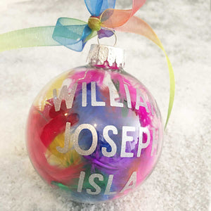 Personalised Rainbow Feathers Glass Bauble
